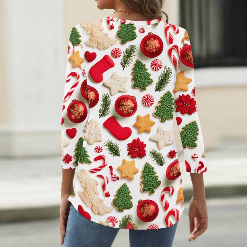 Women's Casual Christmas Print V-Neck 3/4 Sleeve Button-Front T-Shirt