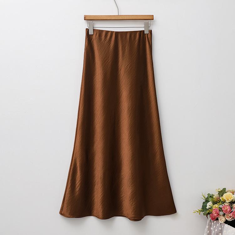 Французька спідниця міді А-силуету з атласу з високою посадкою для жінок - Осіння колекція