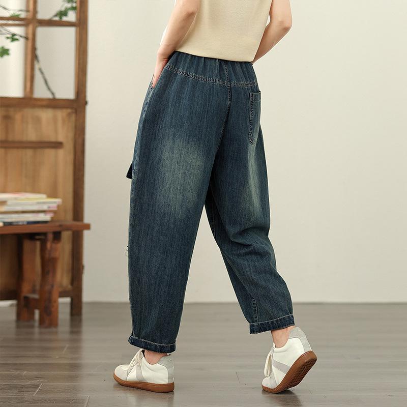 Große Tasche Lockere Haremjeans Damen Vintage Patch High Waist Denim Cropped Pants Damen Casual Streetwear Damenhose 2025