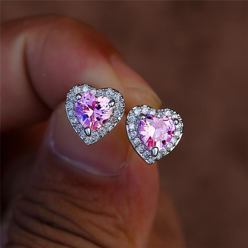 Orecchini Femminili alla Moda Ago d'Argento Orecchini a Forma di Cuore Rosa Zircone per Donne Promessa Amore Statement Bijoux