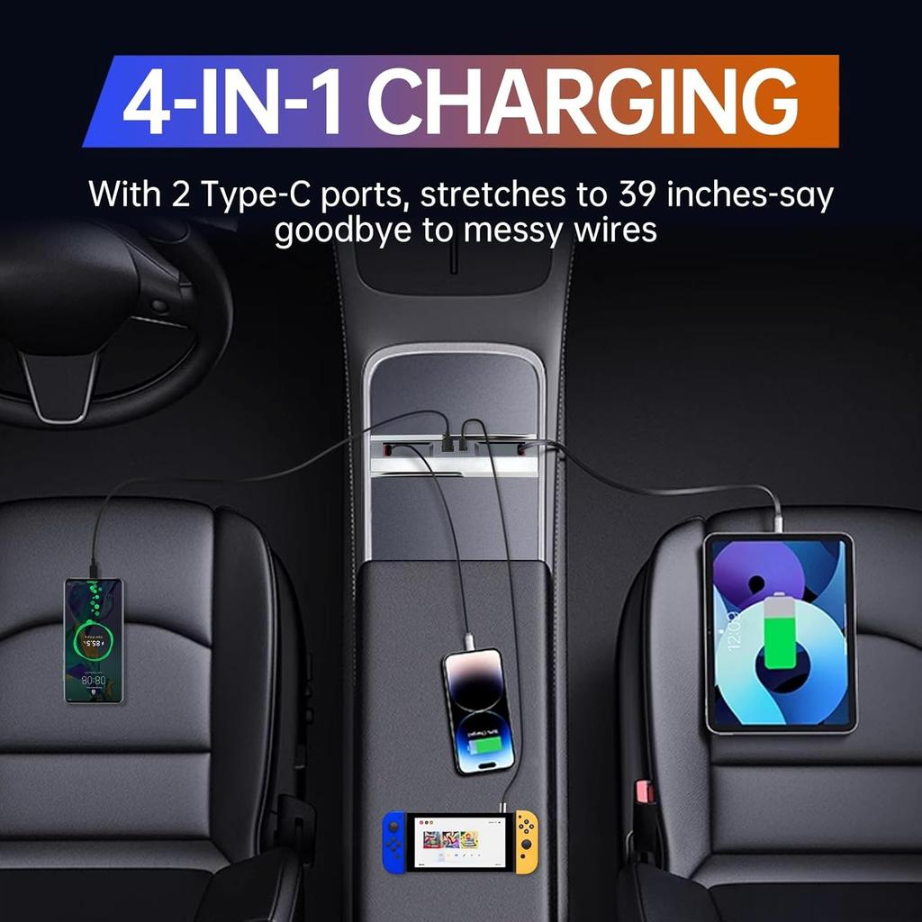 USB Hub For Tesla Model Y Juniper 2025 2026 Model 3 Highland 2024 2025 With Sliding Cover, 119W Dual Type-C Retractable Cables Multi Ports Fast