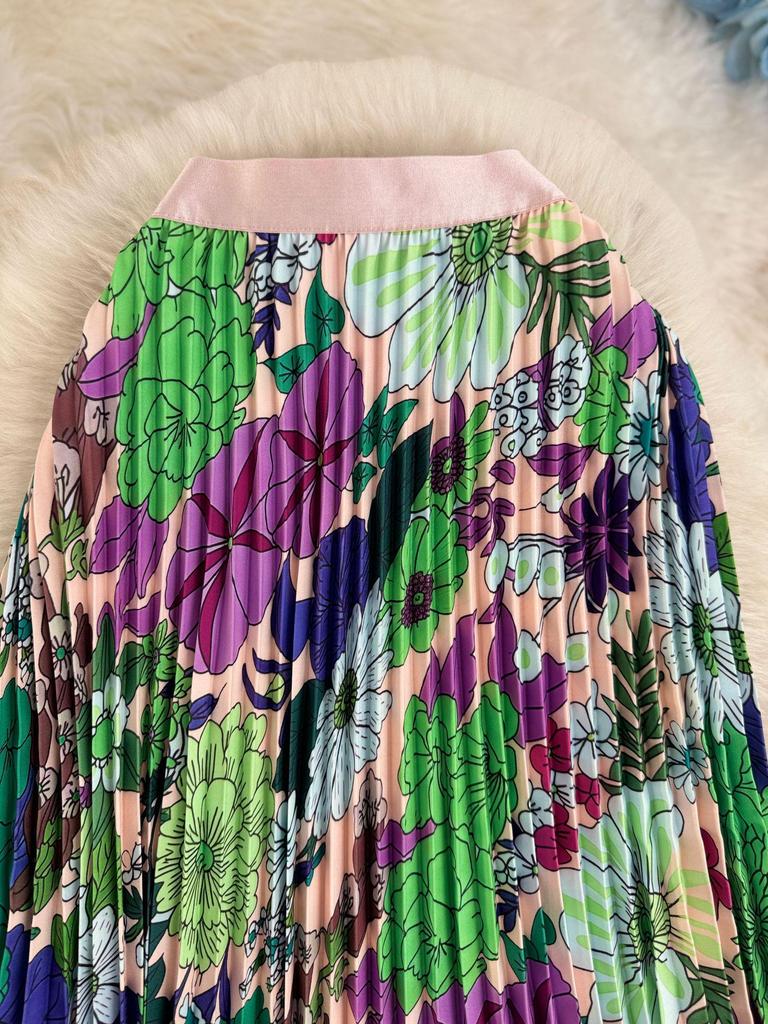 Women's 3D Print Pleated A-line Midi Skirt