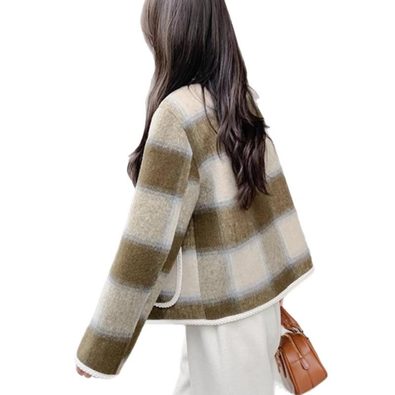 High-End Coco Style Plaid Wool Coat - Women's Short Double-Breasted Jacket, British Round Neck for Autumn & Winter 2025.