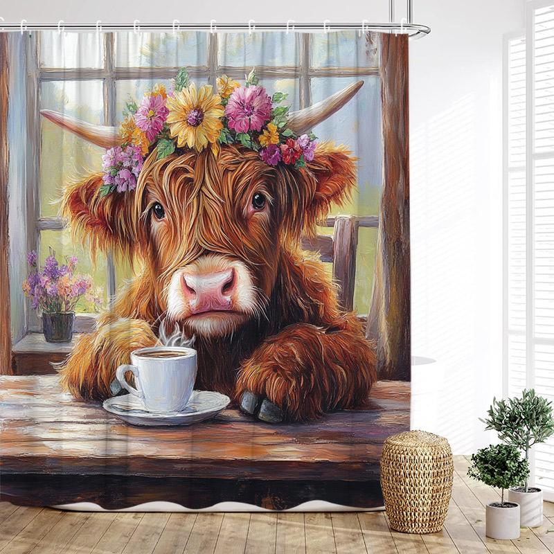 Brown Highland Cattle Shower Curtain Funny Farm Animals Sunset Rustic Flowers Scenery Fabric Bathroom Curtains Decor With Hooks