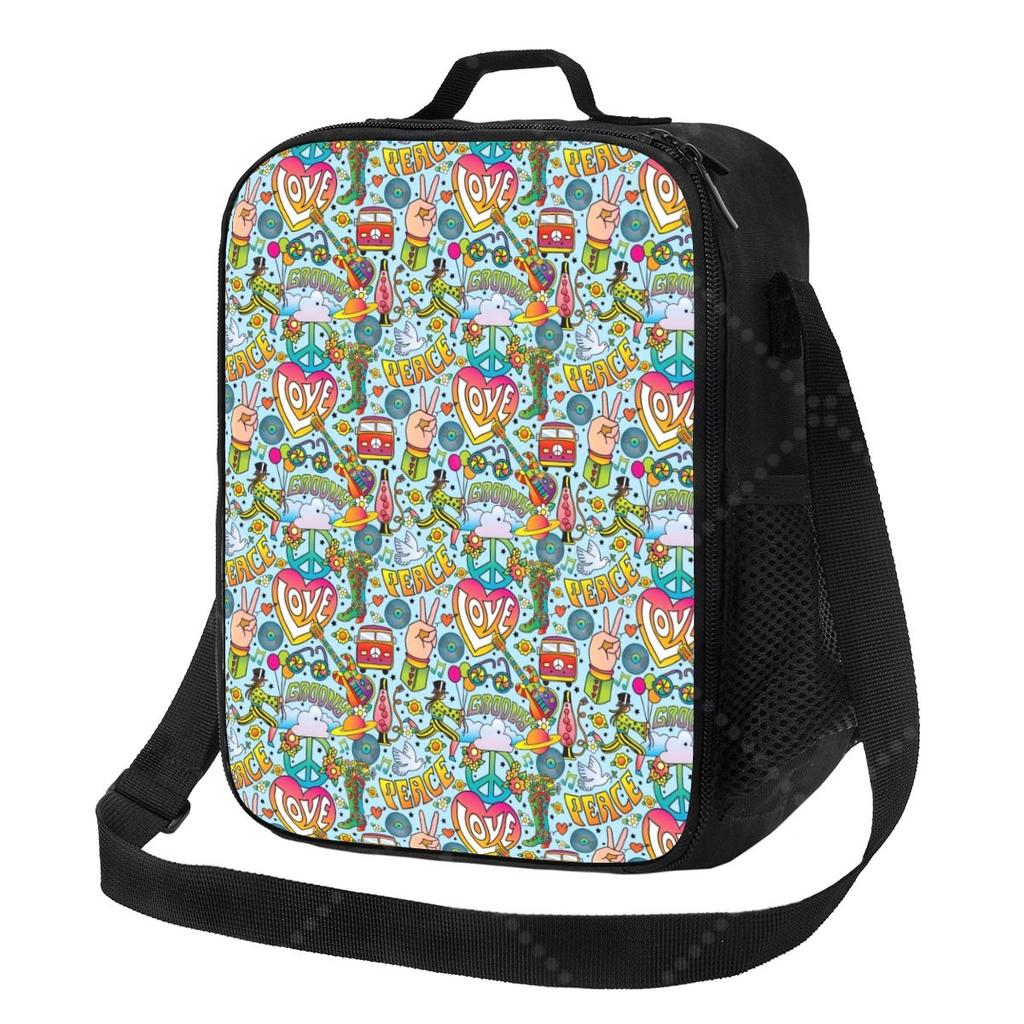 HIPPIE VAN Peace Love Lunch Bag with Adjustable Shoulder Strap Reusable Thermal Bento Tote for Work Picnic Beach