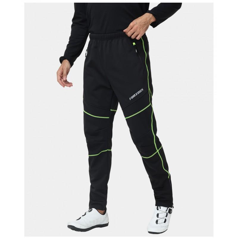 Mens Winter Cycling Pants Thermal Fleece Lined Outdoor Bike Riding Trousers With Reflective Stripes Black Green