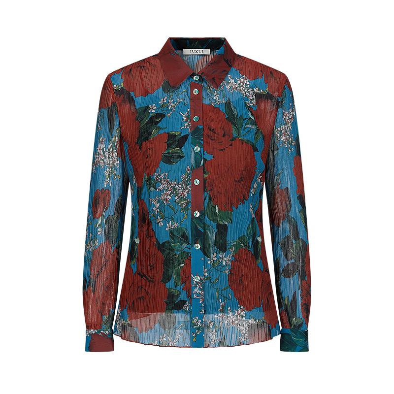 JUZUI Retro Modern Floral Gauze Shirt for Women XL