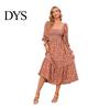 Women Dress Long Sleeves Flower Print A-line Square Neck Midi Casual Elastic Bust Backless Patchwork Hem Pleated Spring Fall Chiffon Outfit
