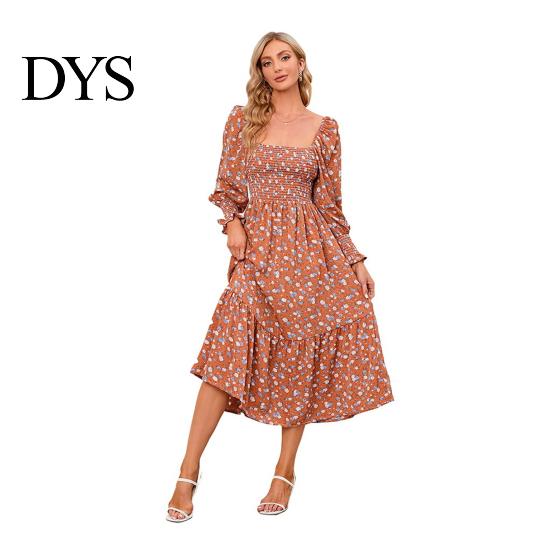 Women Dress Long Sleeves Flower Print A-line Square Neck Midi Casual Elastic Bust Backless Patchwork Hem Pleated Spring Fall Chiffon Outfit