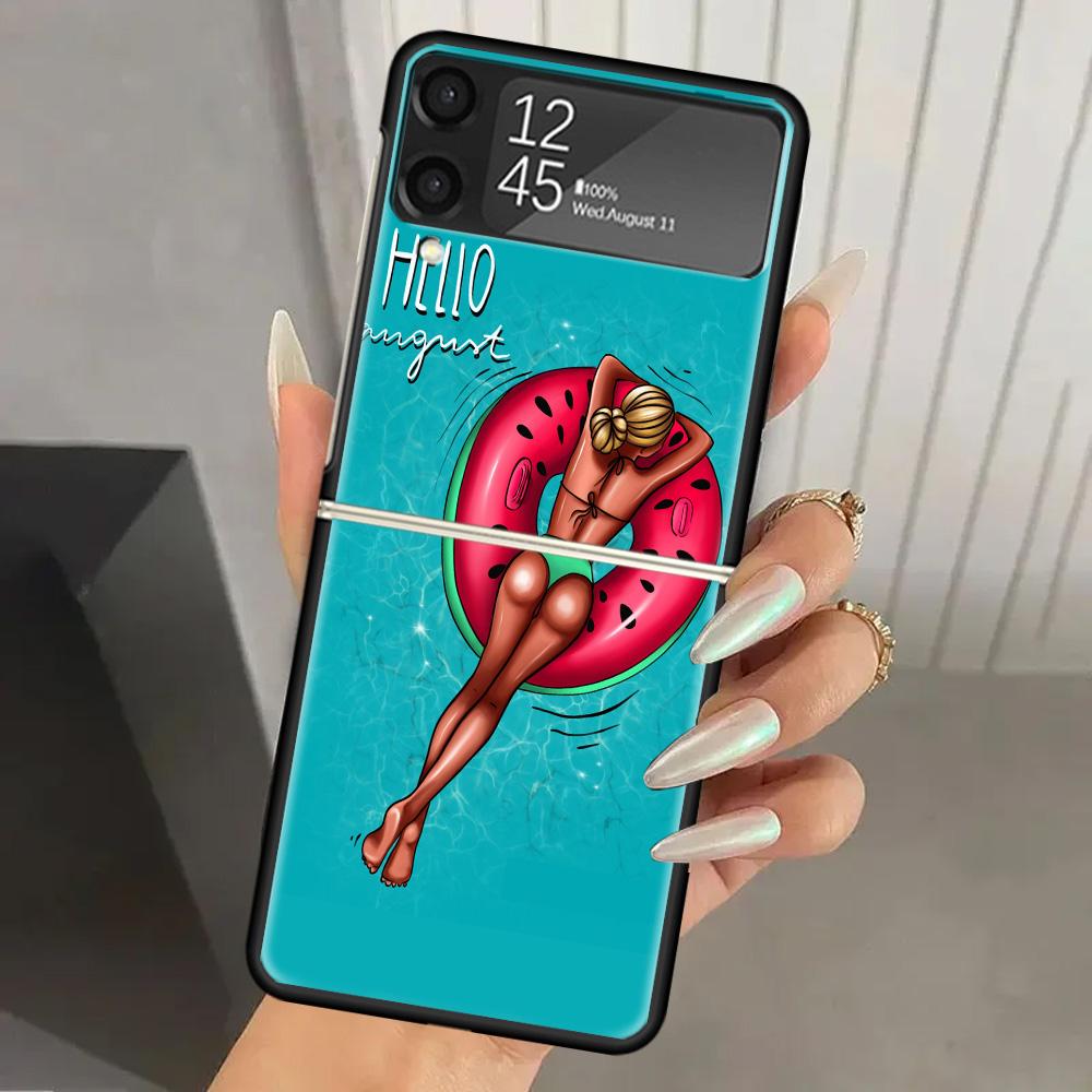 Girl Flamingo Summer Beach Hard PC Phone Case For Samsung Galaxy Z Flip 6 5 4 3 Black Cover ZFlip6 Flip5 Flip4 5G Foldable Print