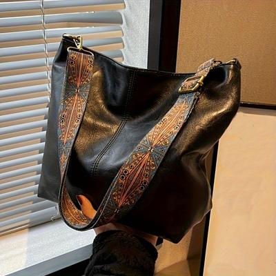 New Womens Fashion Shoulder Sling Bag Vintage Brown PU Leather High-Capacity Simple Wide Strap Bucket Crossbody Female Commuter Bags