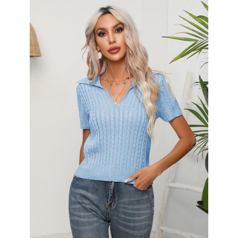 JPNTKY Women's Fashion Casual Solid Color Print Short Sleeve V-Neck Blouses & Shirts
