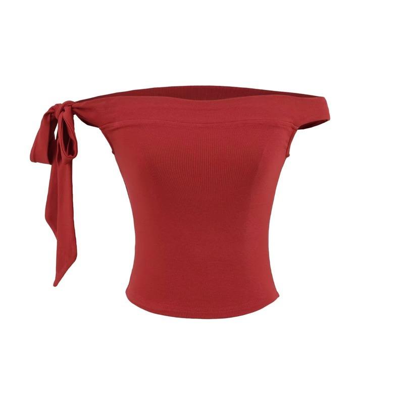 Red One-shoulder Bow Tube Top T-shirt for Women Summer Sexy Hottie Short Slim Top S красный