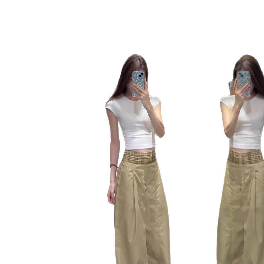 Women's Plaid Patchwork Khaki Wide-Leg Pants - Spring Loose Fit, Straight-Leg, Floor-Length