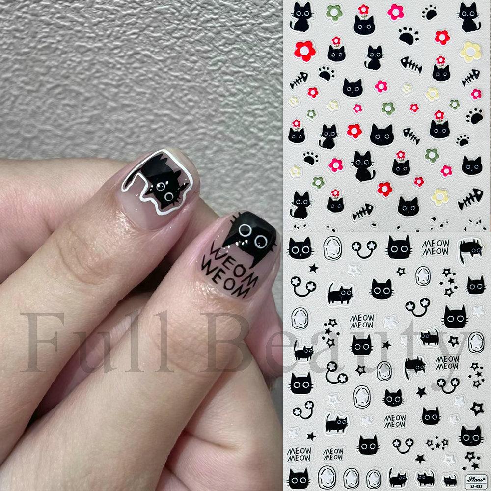 Nail Art Sticker, Micro-Engraved Three-Dimensional Cartoon Cute Cat Bow Flower Adhesive Nail Sticker
