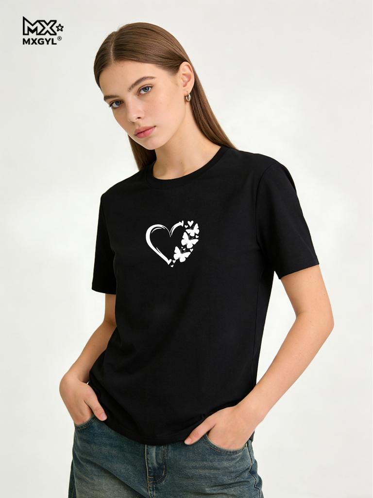 Lovely Heart Butterfly Printed T-shirts For Women High Quality Breathable Tees Ladies Home Outdoor Casual Sports Fashion Tops