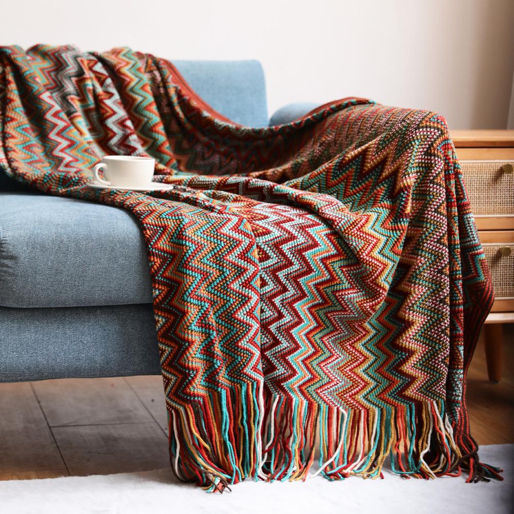 Bohemian minimalist style tassel blanket, Nordic air conditioning blanket, office nap blanket, sofa throw blanket, knitted blanket 127*152+15CM Required красный