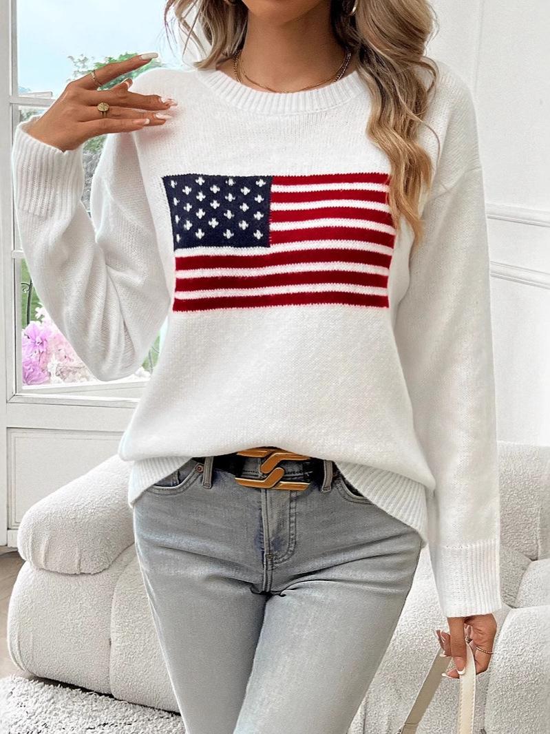 2025 Herbst/Winter Retro Europäisch-Amerikanische Flagge Strickpullover Medium weiß