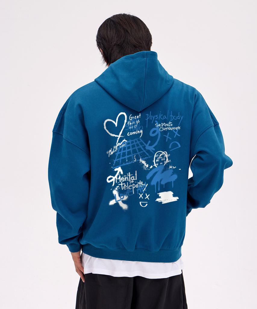 Astral Projection Graffiti Oversized Wide Shoulder Zip-Up Hoodie_Teal Blue