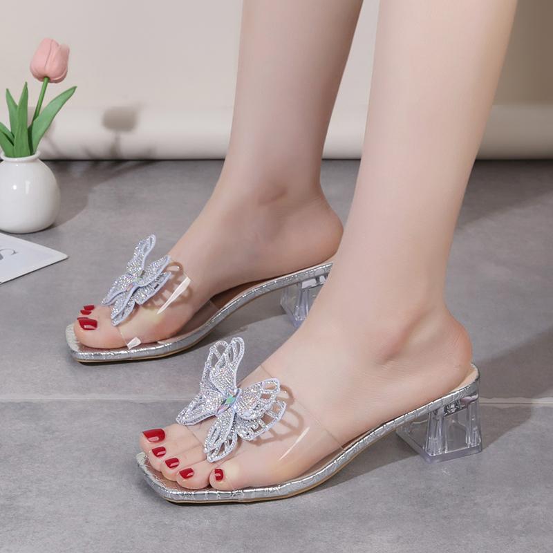 Women's Sandals Women Summer New Square Toe Open Toe Rhinestone Butterfly Mid Heel Block Heel Cool Mopping
