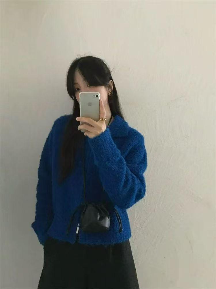 Korean lapel double zipper loop yarn knitted cardigan for women's autumn and winter new loose soft waxy sweater jacket for women