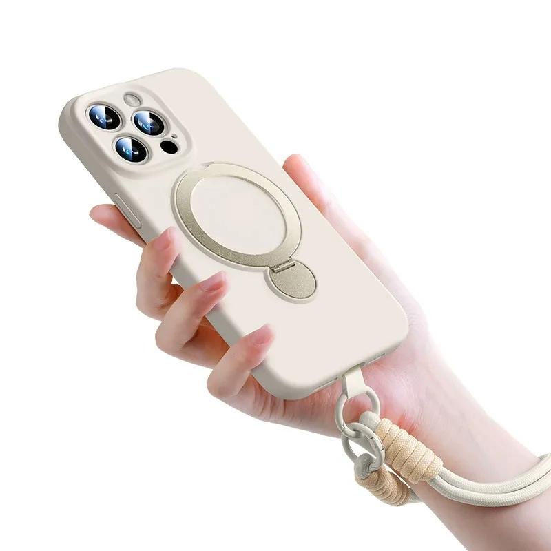 For iPhone 16 Pro Max Luxury Magsafe Magnetic Holder With Lanyard Liquid Silicone Phone Case For iPhone13 14 15 Protective Cover