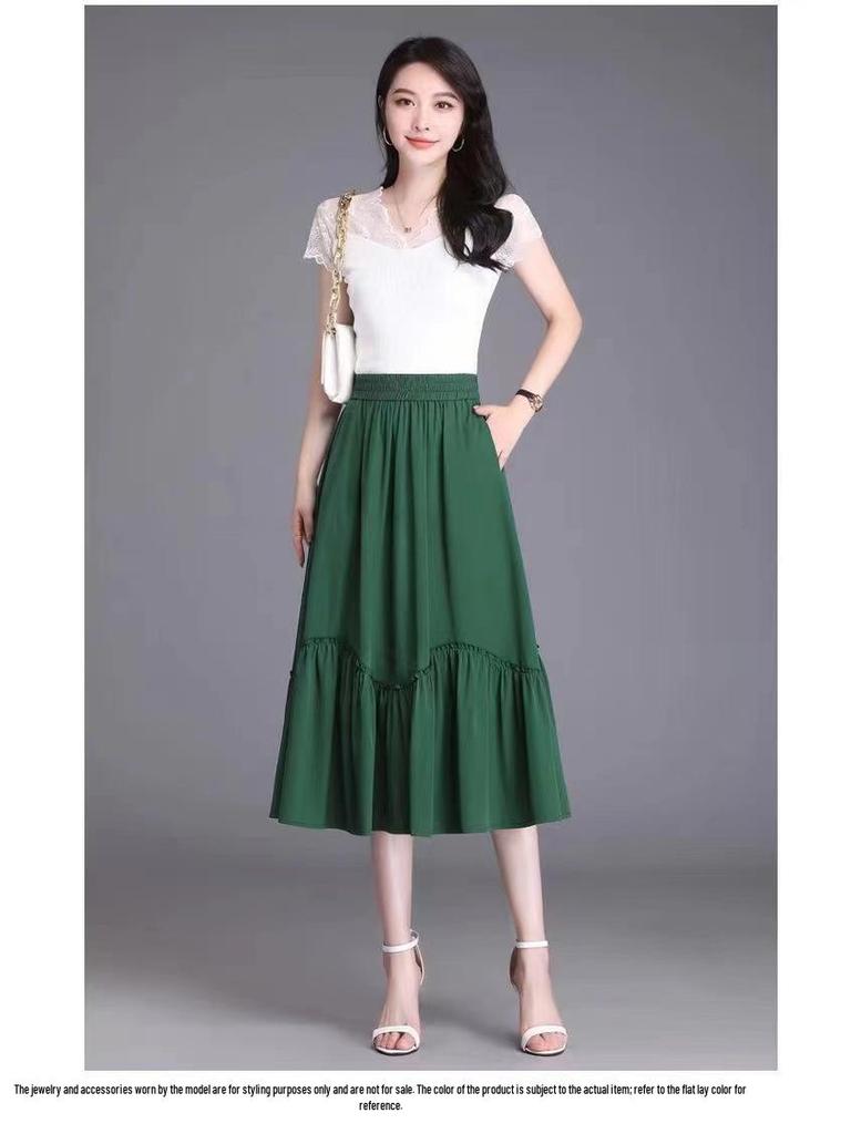 Plus Size High-Waist Pleated A-Line Skirt - Summer Slimming Elastic Swing Skirt for Moms
