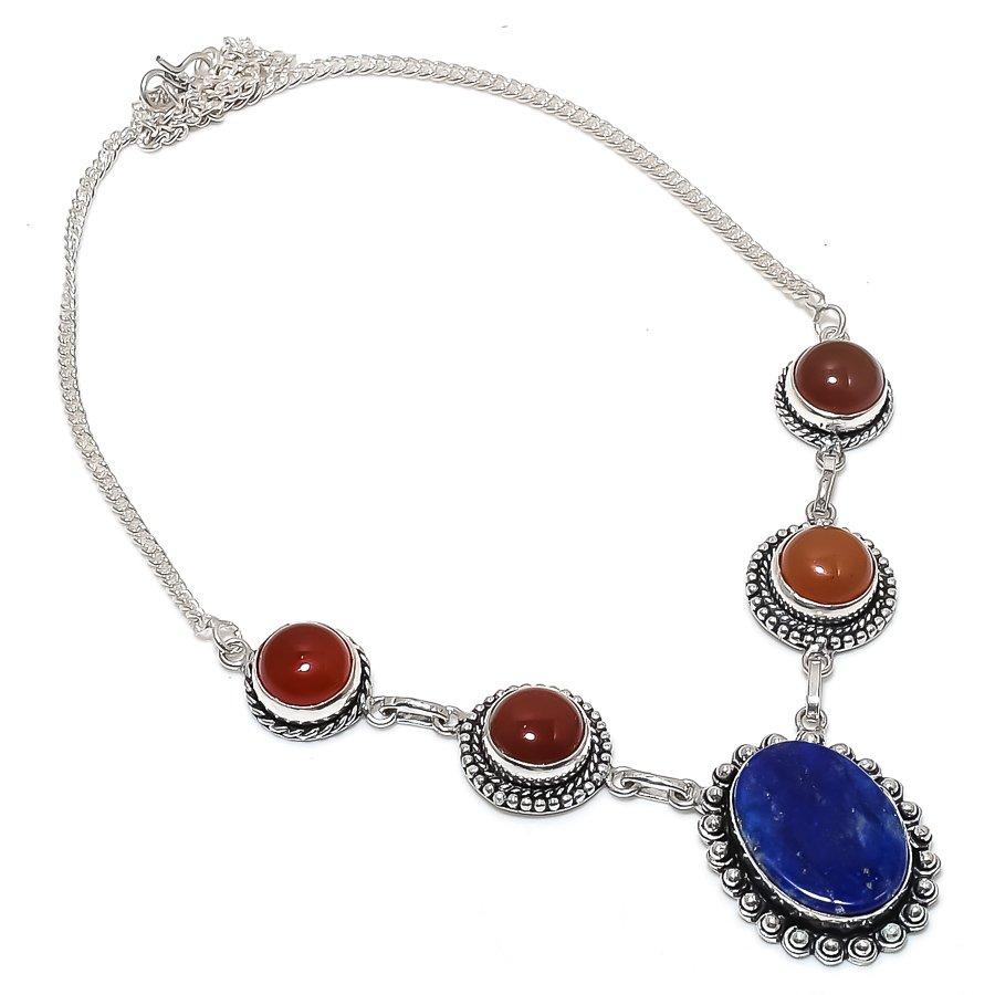 

Лазурит, Сердолик Драгоценный камень 925 Стерлинговое серебро Ювелирное колье 18