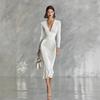 White Deep V-neck Long-sleeved Slim-fit Medium and Long Dress, High Elastic Waist Fold Hip Wrap Banquet Party