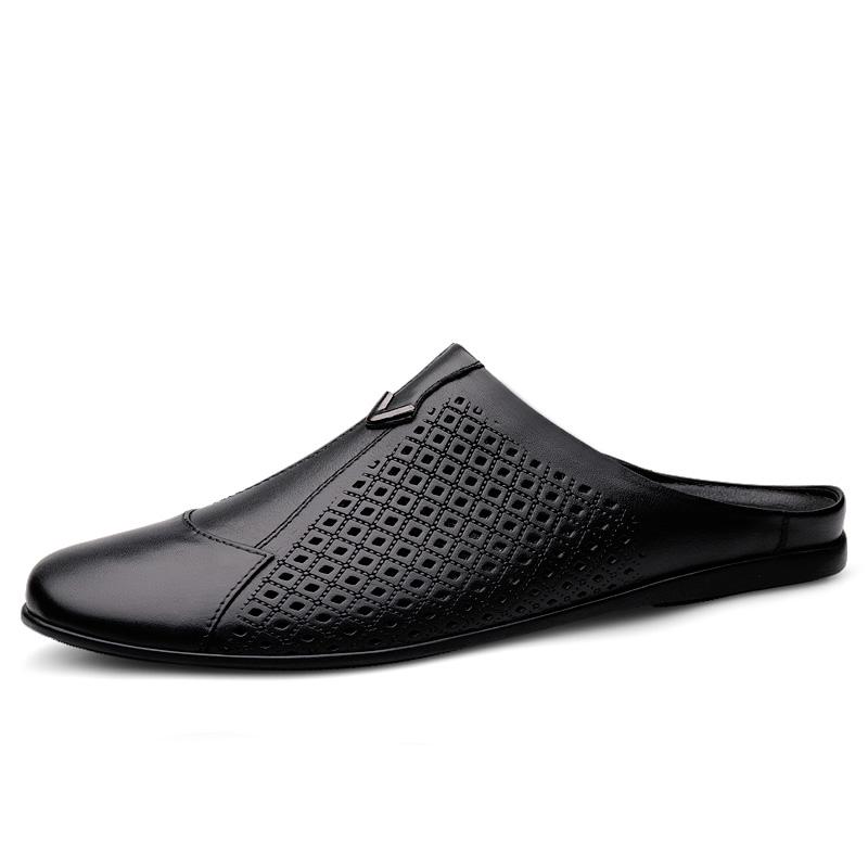 Fashion Italian Mens Slippers Genuine Leather Muller Shoes Men Loafers Outdoor Non-slip Black Casual Half Slipper Men Fashion Shoes Man