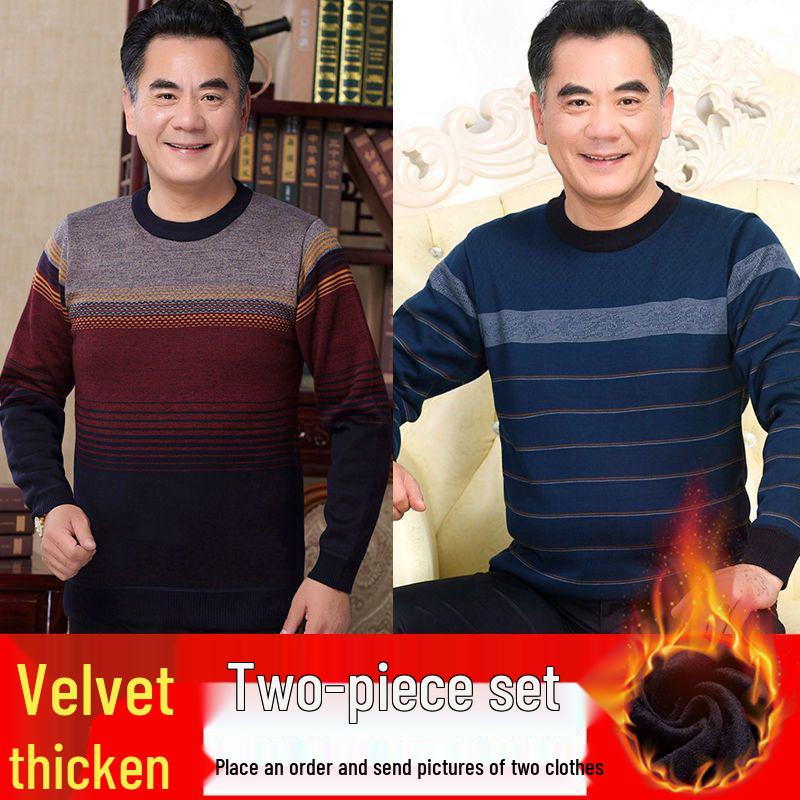 Men's Thick Fleece-Lined Sweater - Grandpa Style, Round Neck, Perfect for Winter Warmth