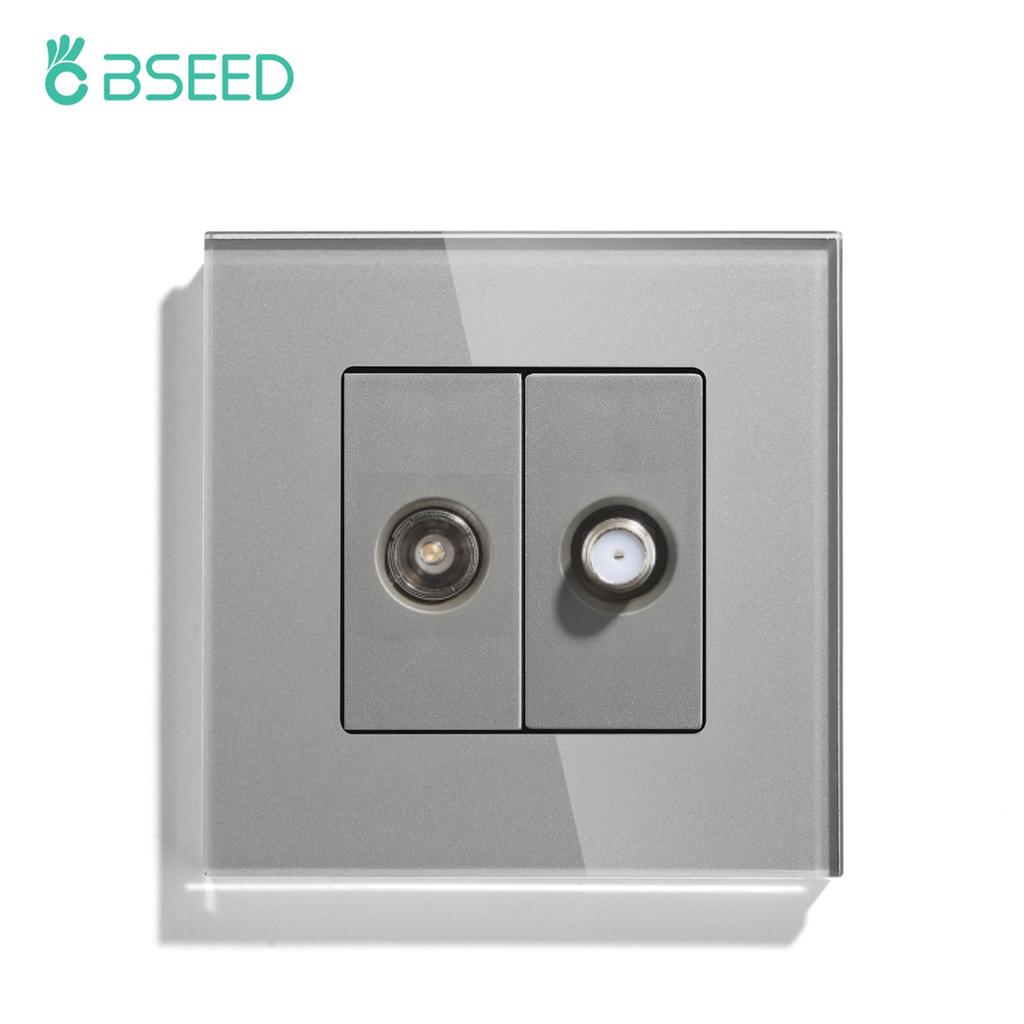 BSEED TV Satellite Wall Socket With Crystal Glass Panel White Black Gold EU Standard 86mm DIY Part For Home Improvement
