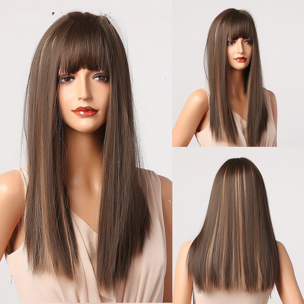 Fashionable Long Straight Wig for Women with Straight Bangs and Brown Highlights