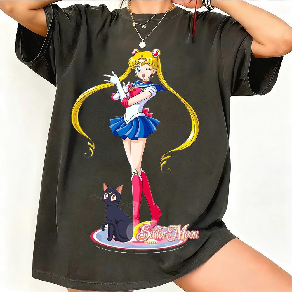 Sailor Moon Retro 90er Anime Grafik T-Shirt Sommer Baumwolle Unisex Damen Tee Streetwear Lässig Trend Kurzarm Paar Hip Hop Oberteil