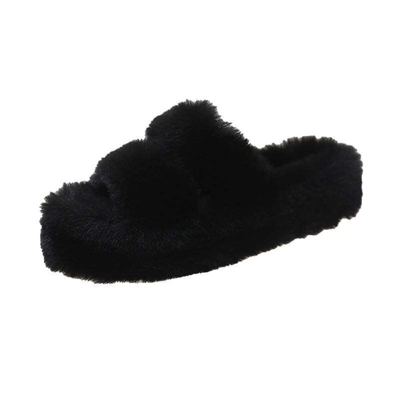 Large Cross-Fur Women's Slippers - Thick, Flat-Bottomed, Warm & Stylish for Spring, Autumn, Winter