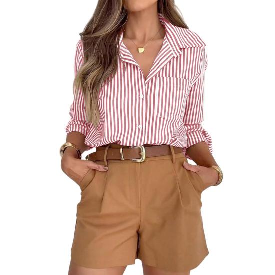 Women Shirt Lapel Long Sleeve Single Breasted Shirt Tops with Patch Pockets Striped Print Loose Fit Office Lady Casual Shirt