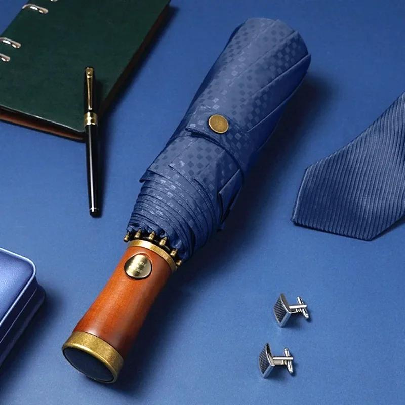 

Premium Business Umbrella Gorgeous Automatic UV with Wood Handle Gift Box Paraguas Parasol for Women Men Gift