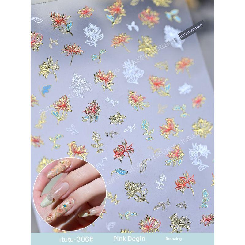 

New Arrival Gilding Pink Shidai Golden Micro Relief Nail Sticker National Style Splendid Flower New Chinese Line Drawing Fingertip Pattern itutu 306 pink Daikin bronzing
