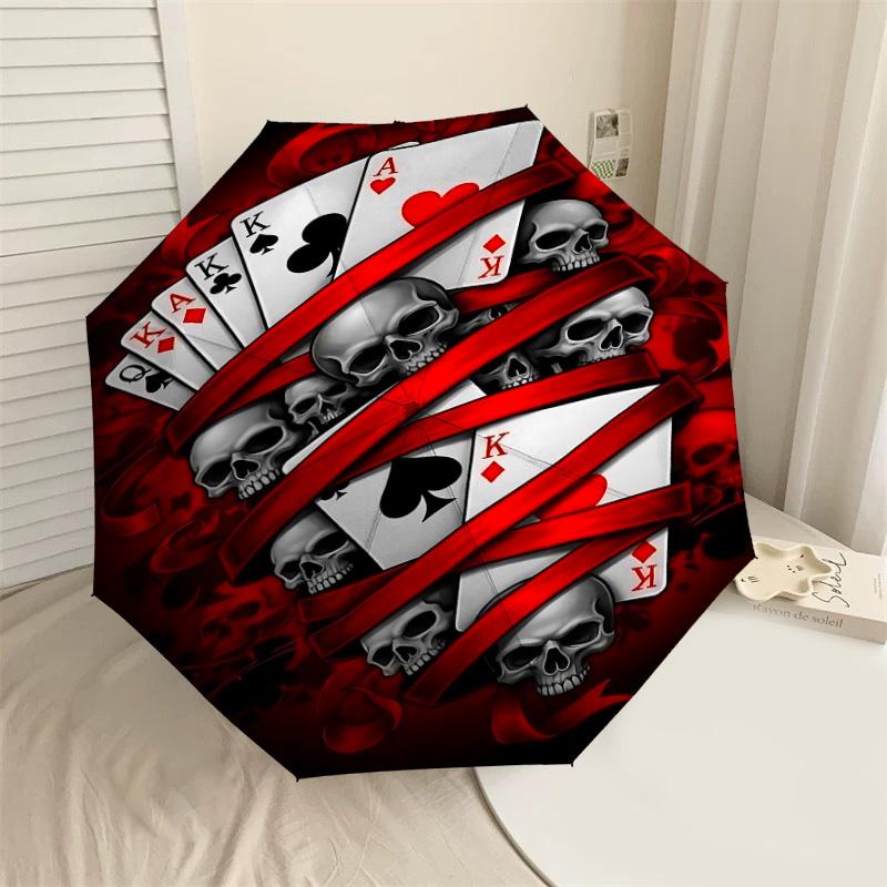 1PC Playing Cards Skulls Umbrella-8-Rib Reinforced, Automatic Open, Lightweight & Durable, Cute Fashion Accessory for Outdoor-P27