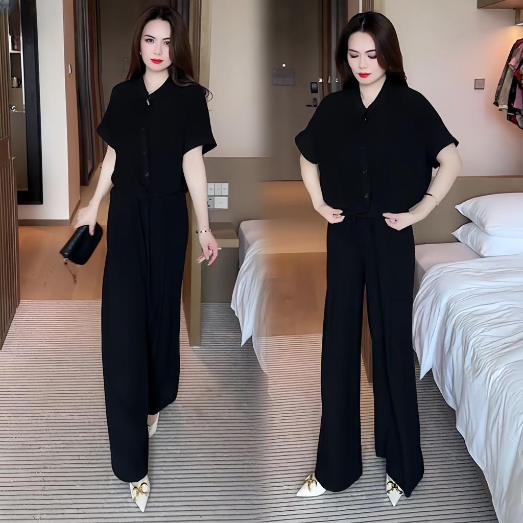 Women Summer 2 Piece Outfit Solid Short Sleeve Blouse Wide Leg Pants Loose Casual Co‑Ord Set