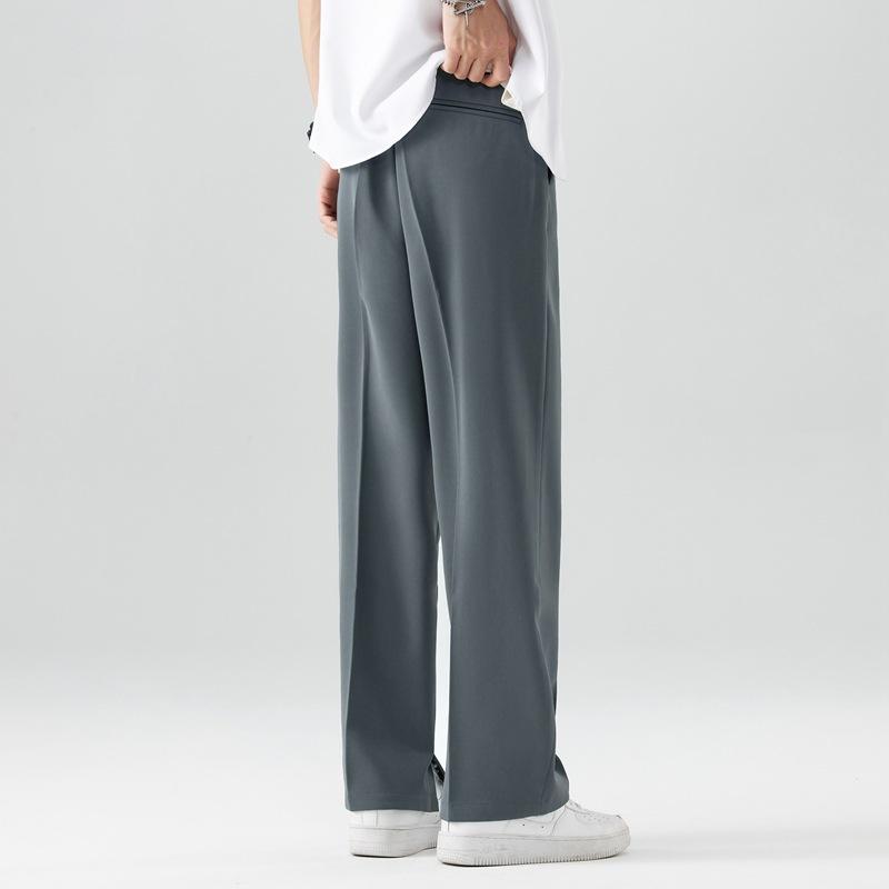 Summer Casual Pants Men Breathable Polyester Korean Fashion Semi-Wide Banded Waist Slacks Straight Loose Drape Trousers
