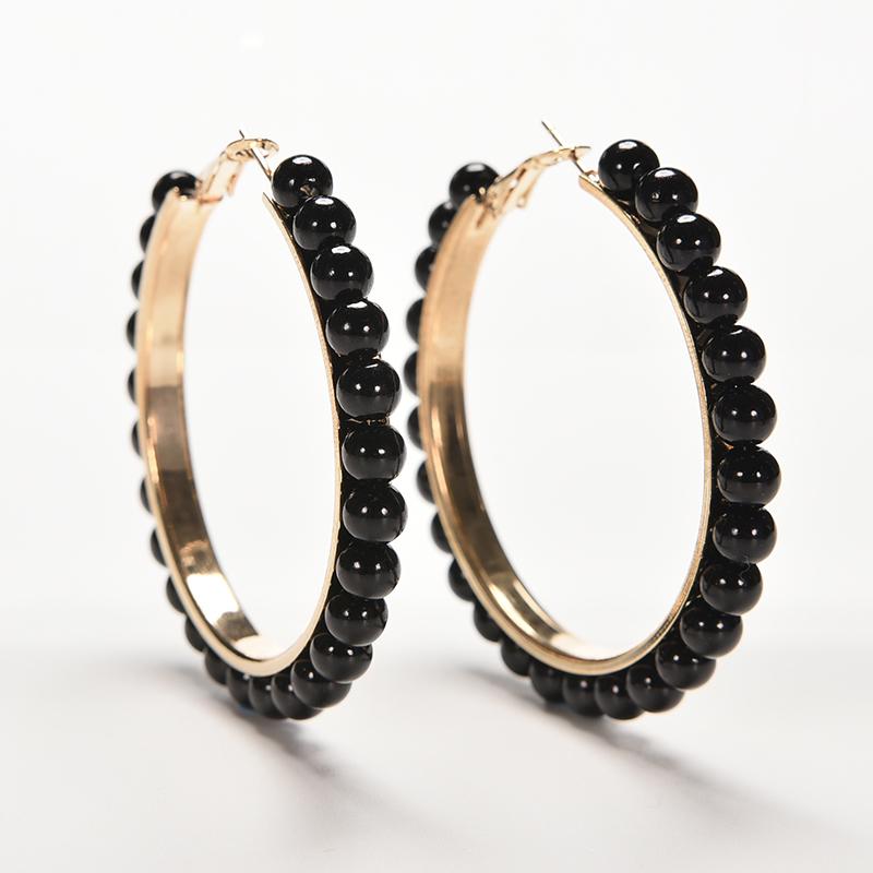 Women Fashion Faux Pearl Earings Chic Beads Gold Plated Ear Hoop Circle Earrings чёрный