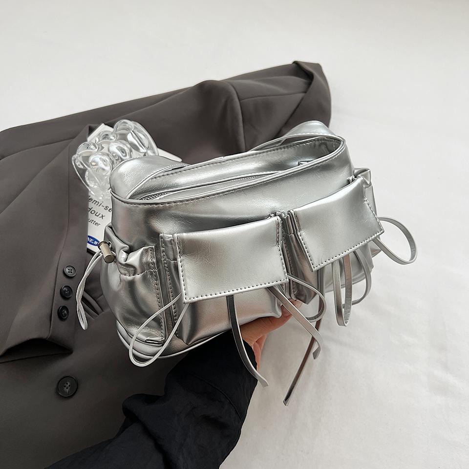 Double Pockets Design PU Leather Shoulder Bags for Women 2024 New Fashion Trend Crossbody Bag Female Silver Handbags