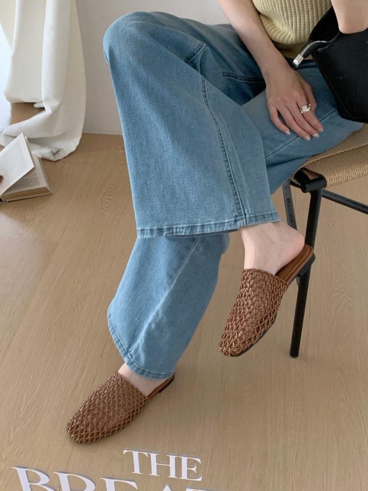 Baotou Half Slippers Women S Outer Wear Summer Square Head Woven Hollow Flat-Bottomed Beach Slippers 35 коричневый