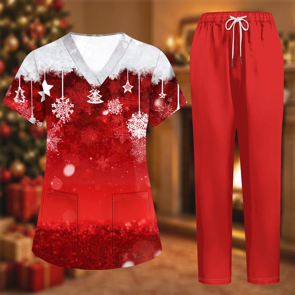 Damen Kurzarm Uniform 2-teiliges Set Halloween-Print Kasack-Oberteil und Hose mit Taschen Pflegekraft