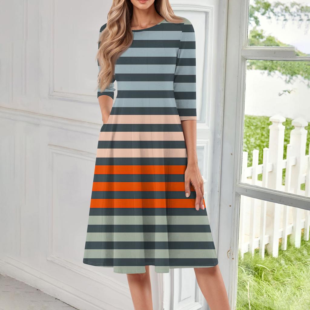 Women's Casual Fashion Round Neck Three Quarter Sleeve Print Midi Dress