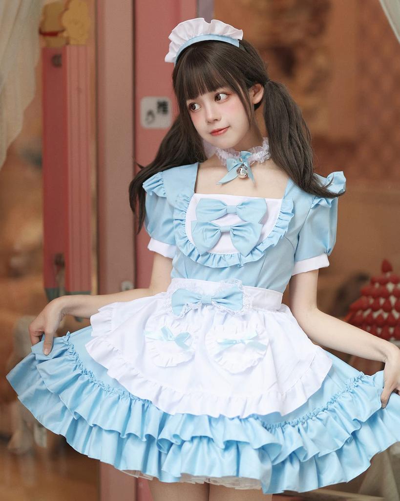 Milky Time Women's Lolita Maid Cosplay Dress, Short Sleeves, Ribbon, 4 Colors (Blue)