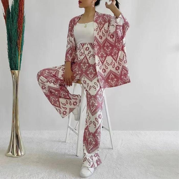 Tem Women's 2024 Summer New Loose Large Size Printed Medium Sleeve Shirt Wide Leg Pants Casual Suit Women