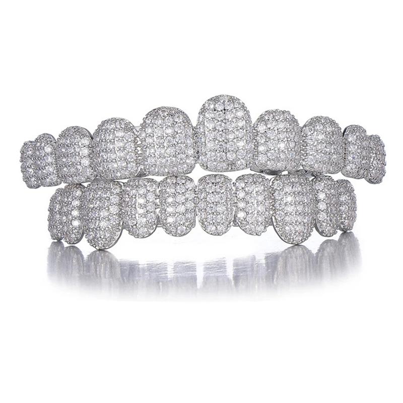 Iced Out CZ Stone Teeth Grillz Top Bottom Zircon Tooth Caps For Women Men Jewelry Party Gift 10/10 Silver