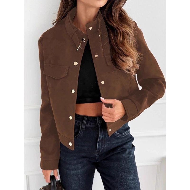 European and American Autumn and Winter New Fashion Stand Collar Wine Red Single-Breasted Loose Casual Motorcycle Style Long Sleeve Short Coat